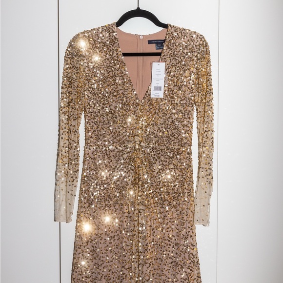 French Connection Gold Sequin Long Sleeve Dress - Picture 1 of 6